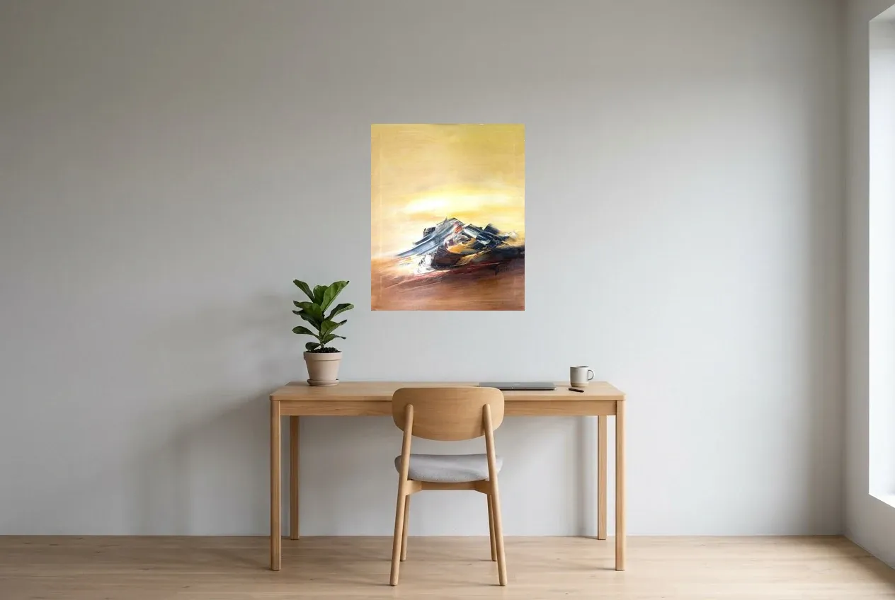 Yellow Abstract Painting 171 “Rose Des Sables”, original oil painting by Régine Gardan, 60 × 73 cm, hung in a home office
