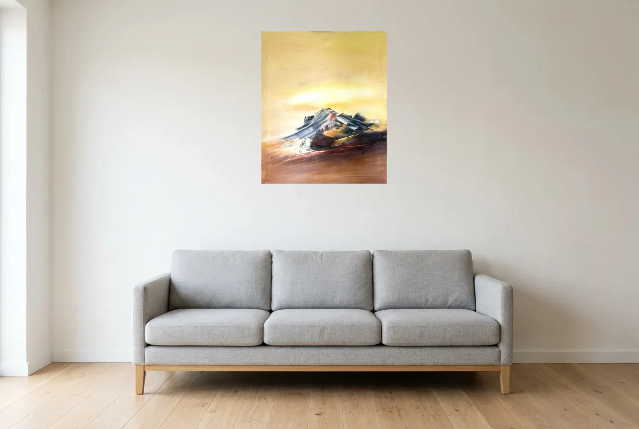 Yellow Abstract Painting 171 “Rose Des Sables”, original oil painting by Régine Gardan, 60 × 73 cm, hung in a living room