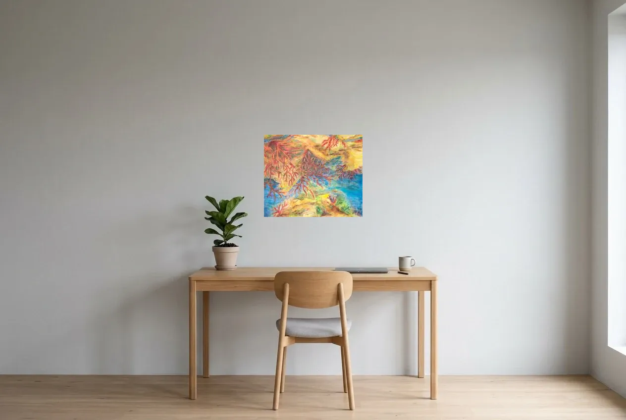 Pintura Abstracta Amarillo 181 “Grande Barrière De Corail”, pintura original al óleo de Régine Gardan, 55 × 46 cm, colgado en un despacho