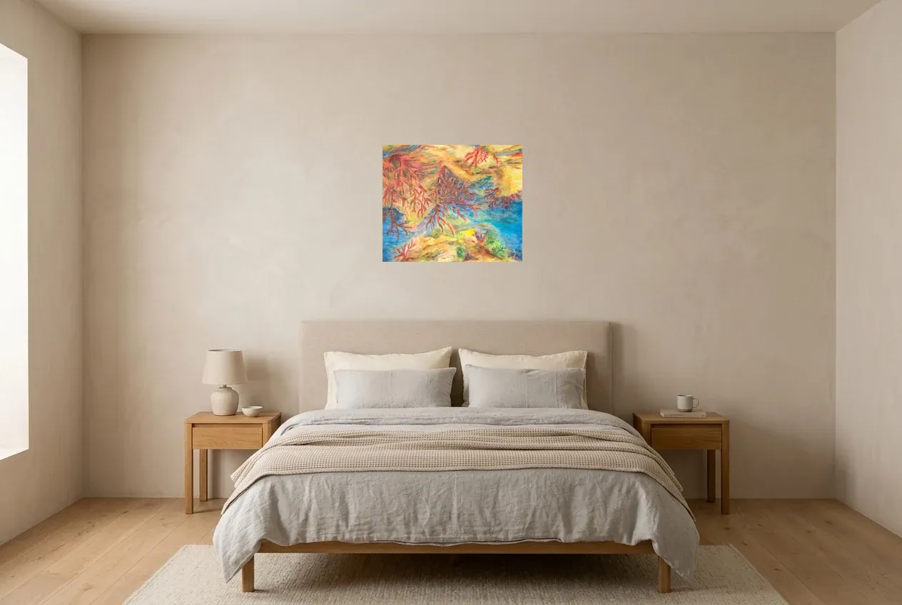 Pintura Abstracta Amarillo 181 “Grande Barrière De Corail”, pintura original al óleo de Régine Gardan, 55 × 46 cm, colgado en un dormitorio
