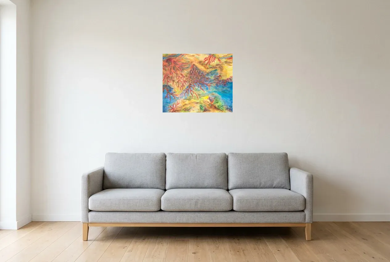 Pintura Abstracta Amarillo 181 “Grande Barrière De Corail”, pintura original al óleo de Régine Gardan, 55 × 46 cm, colgado en un salón