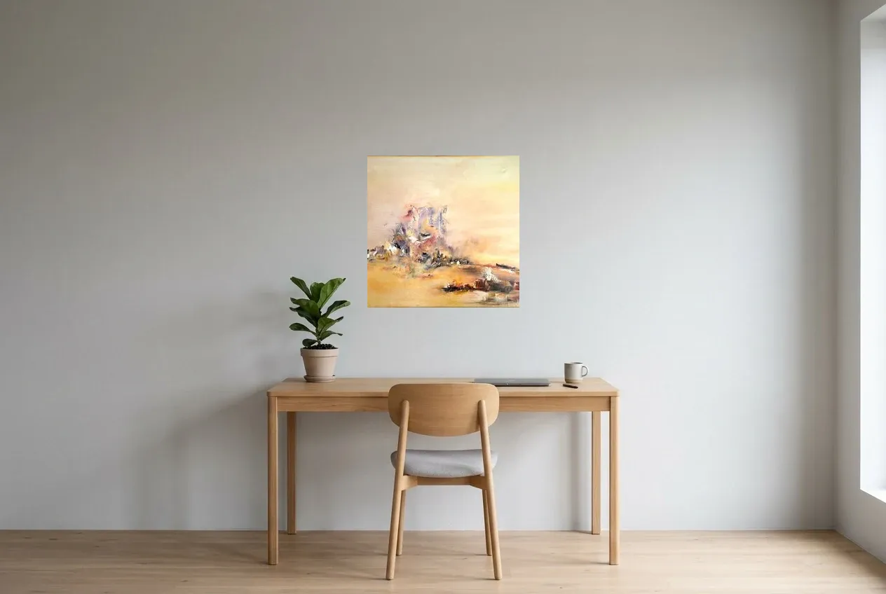 Yellow Abstract Painting 190 “Volcan Marin”, original oil painting by Régine Gardan, 60 × 60 cm, hung in a home office