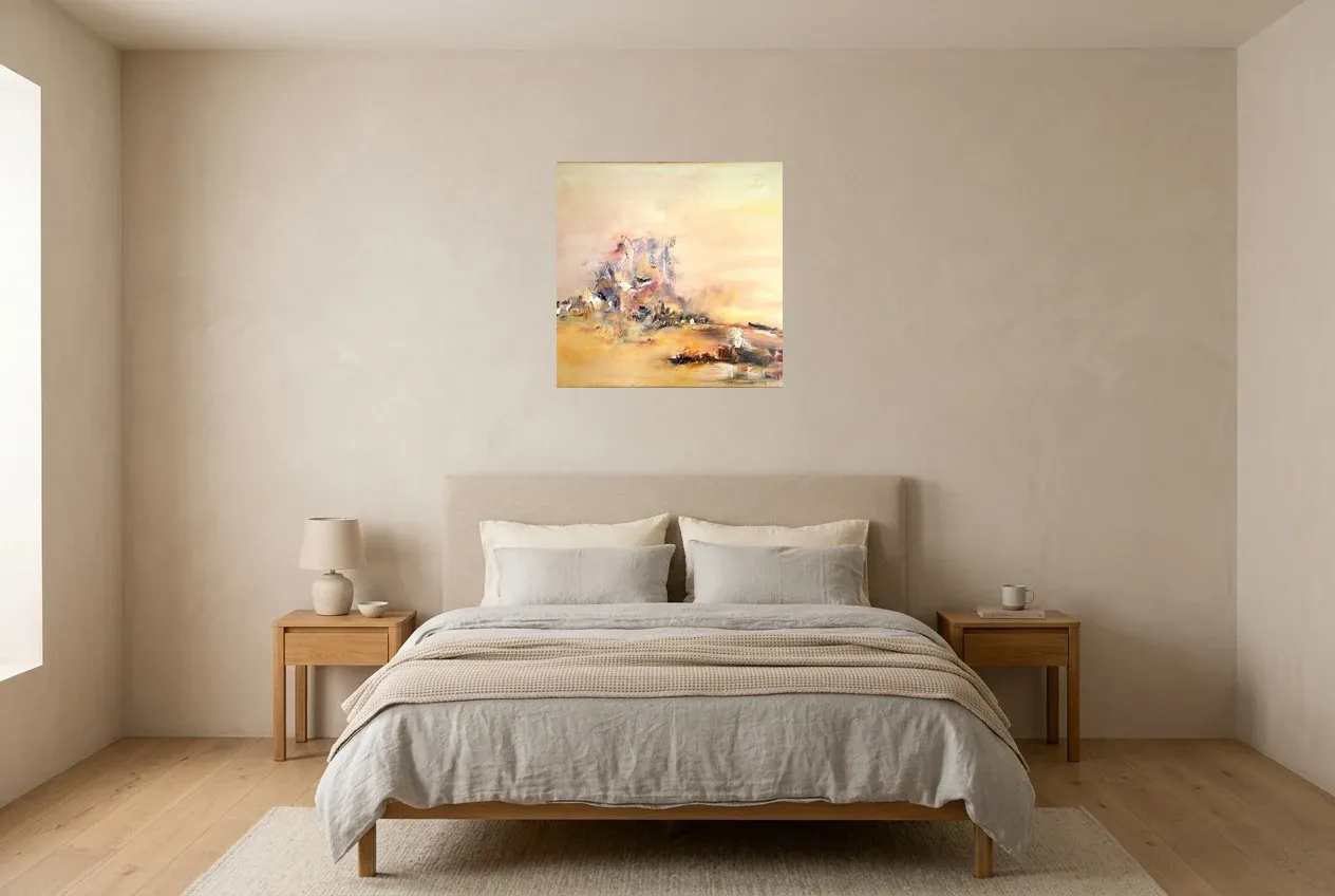 Yellow Abstract Painting 190 “Volcan Marin”, original oil painting by Régine Gardan, 60 × 60 cm, hung in a bedroom