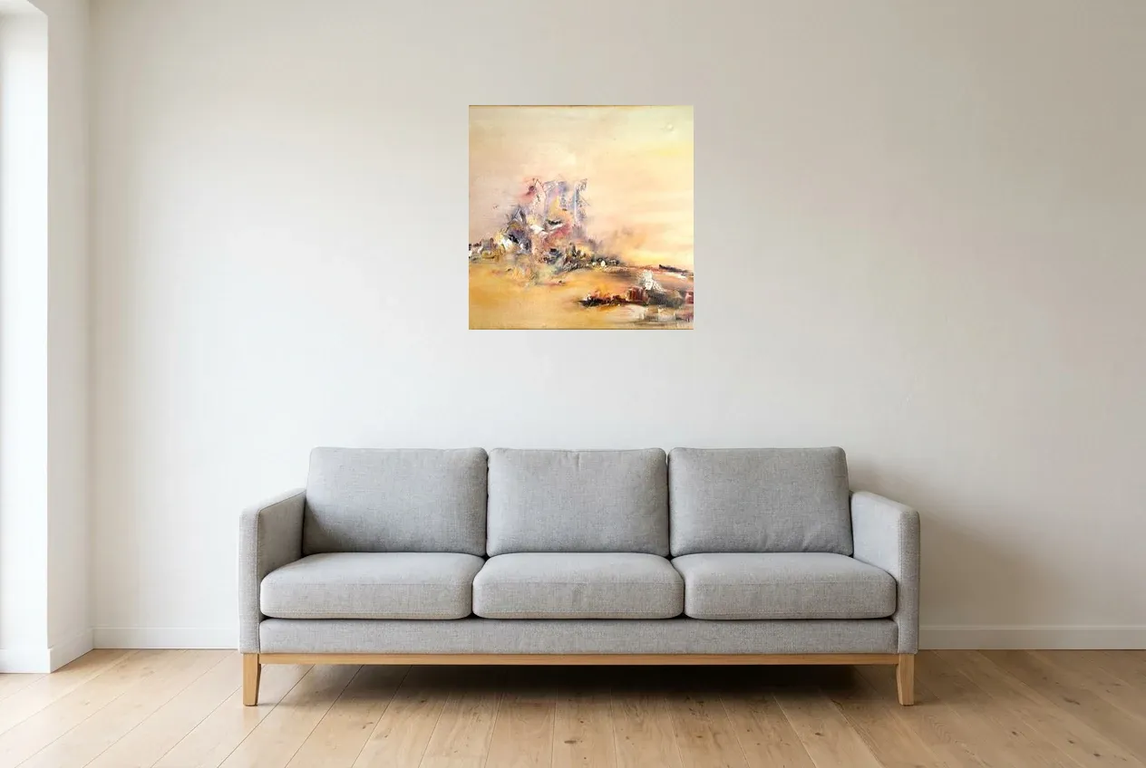 Yellow Abstract Painting 190 “Volcan Marin”, original oil painting by Régine Gardan, 60 × 60 cm, hung in a living room