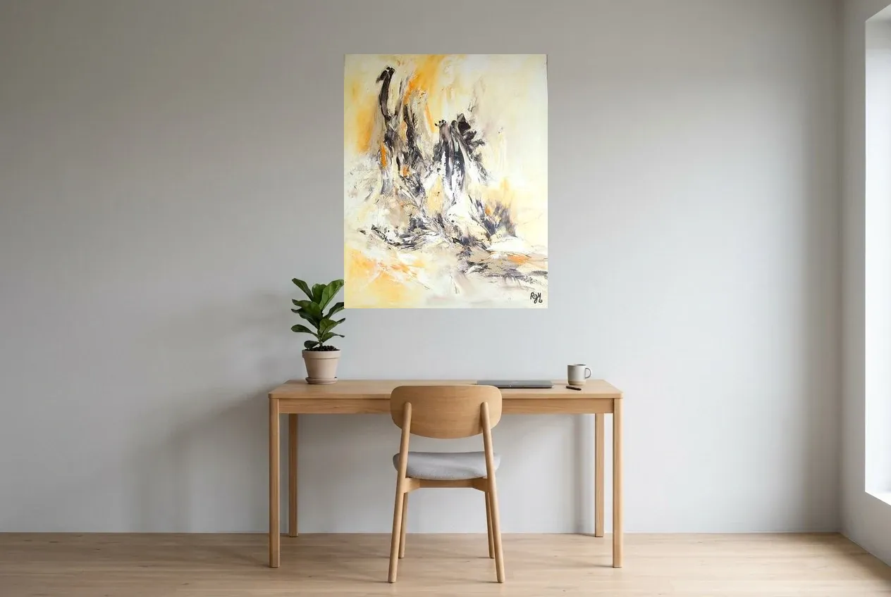 Yellow Abstract Painting 197 “Incarnation”, original oil painting by Régine Gardan, 80 × 100 cm, hung in a home office