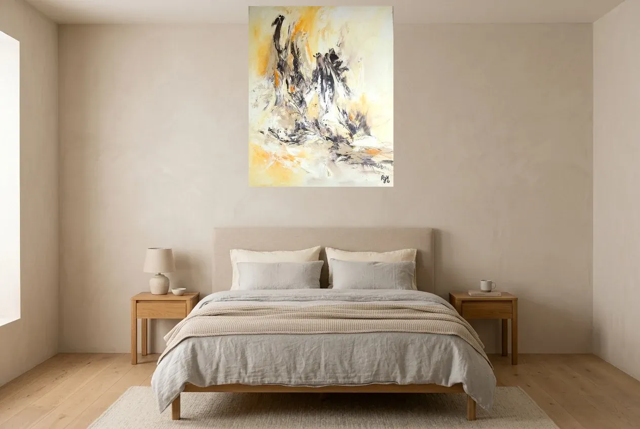Yellow Abstract Painting 197 “Incarnation”, original oil painting by Régine Gardan, 80 × 100 cm, hung in a bedroom