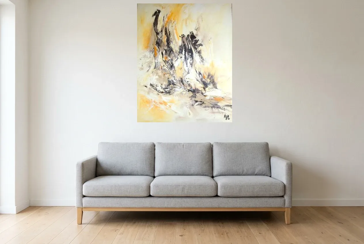 Yellow Abstract Painting 197 “Incarnation”, original oil painting by Régine Gardan, 80 × 100 cm, hung in a living room