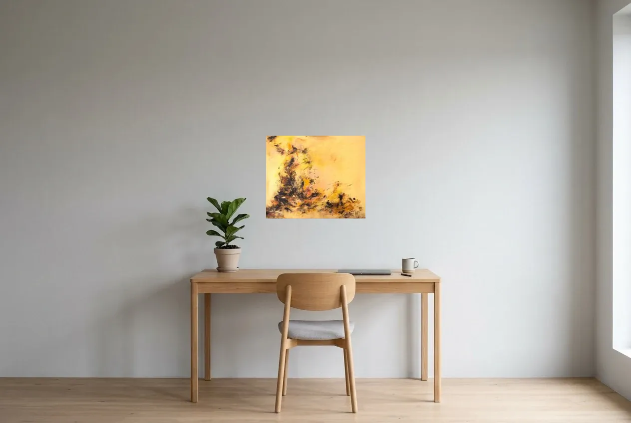 Yellow Abstract Painting 23 “Terre Volcanique”, original oil painting by Régine Gardan, 55 × 46 cm, hung in a home office