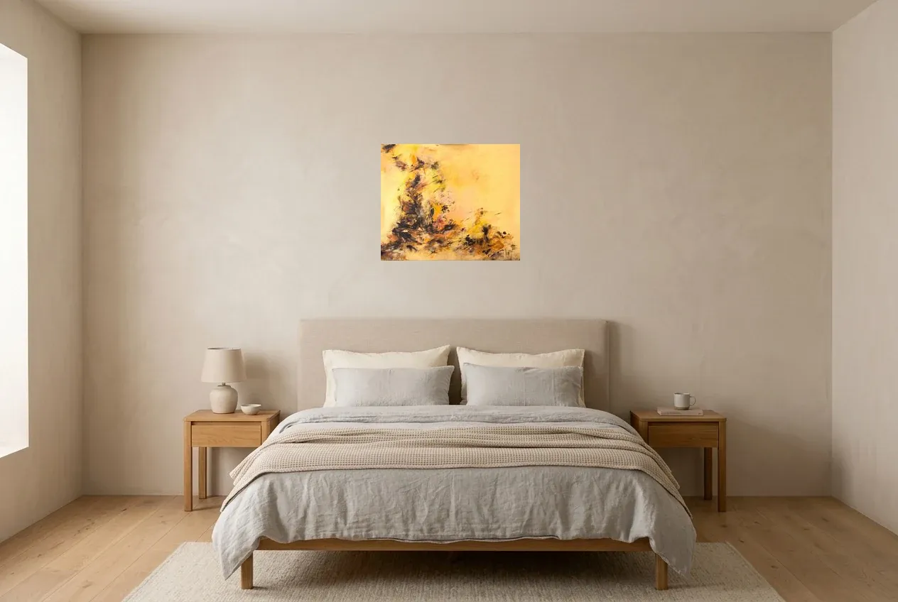 Yellow Abstract Painting 23 “Terre Volcanique”, original oil painting by Régine Gardan, 55 × 46 cm, hung in a bedroom