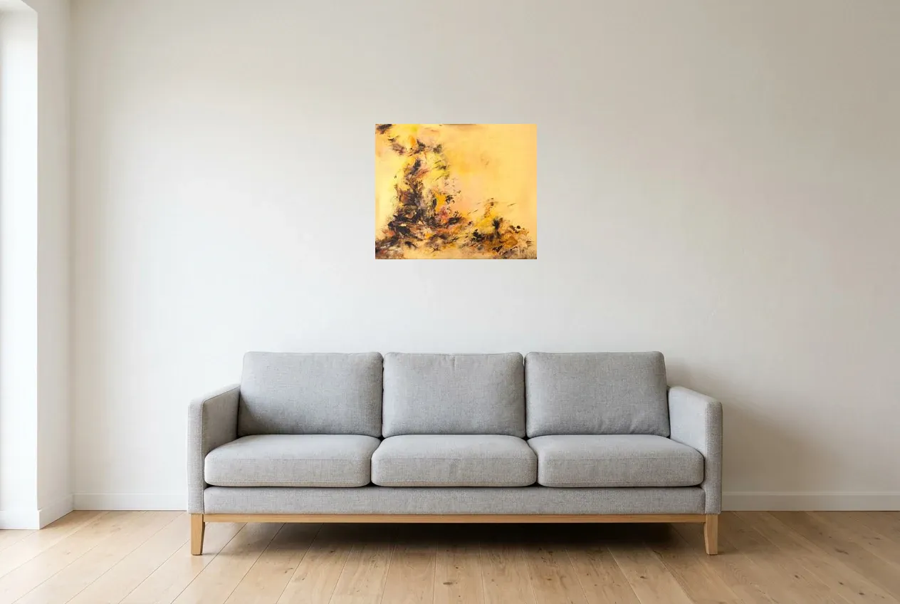 Yellow Abstract Painting 23 “Terre Volcanique”, original oil painting by Régine Gardan, 55 × 46 cm, hung in a living room
