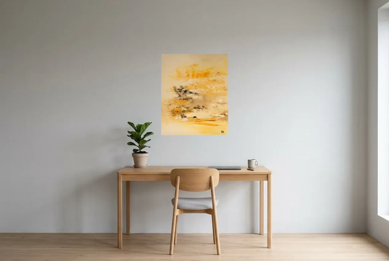 Yellow Abstract Painting 234 “Coucher De Soleil”, original oil painting by Régine Gardan, 60 × 73 cm, hung in a home office