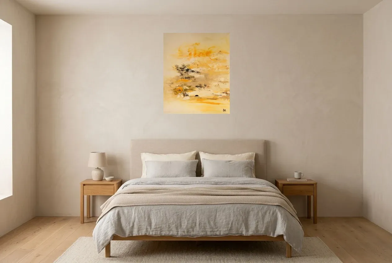 Yellow Abstract Painting 234 “Coucher De Soleil”, original oil painting by Régine Gardan, 60 × 73 cm, hung in a bedroom