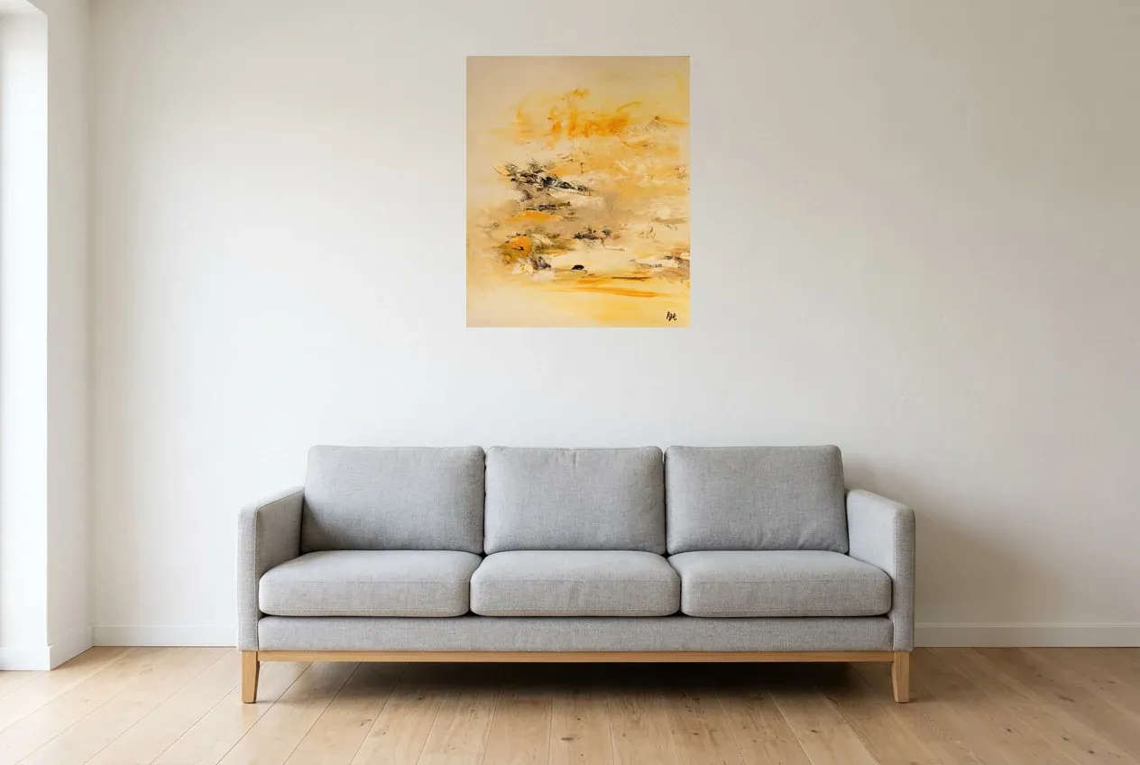 Yellow Abstract Painting 234 “Coucher De Soleil”, original oil painting by Régine Gardan, 60 × 73 cm, hung in a living room