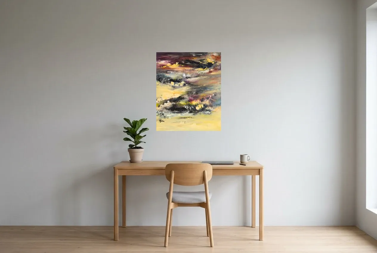Cuadro Abstracto Amarillo 235 “Ying Yang”, pintura original al óleo de Régine Gardan, 60 × 73 cm, colgado en un despacho