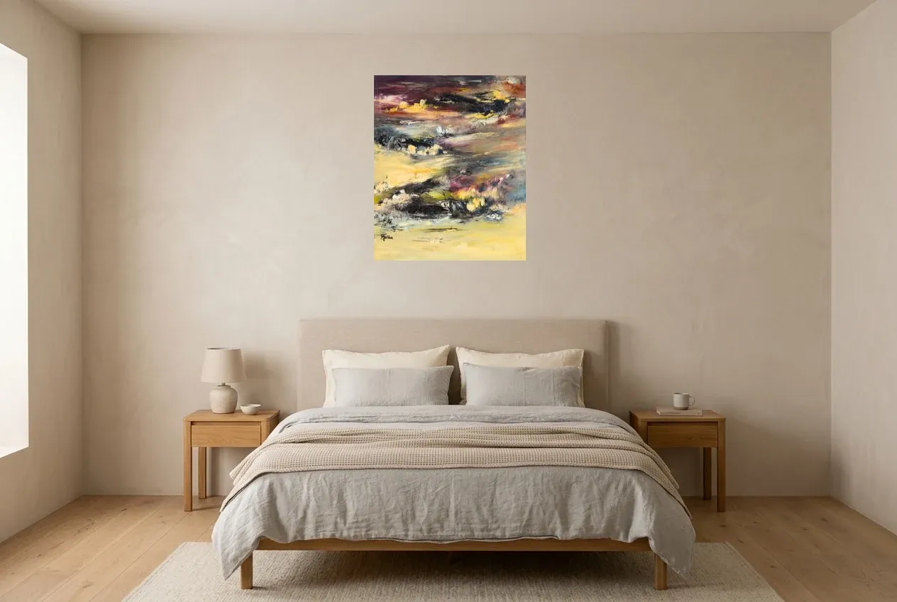 Cuadro Abstracto Amarillo 235 “Ying Yang”, pintura original al óleo de Régine Gardan, 60 × 73 cm, colgado en un dormitorio