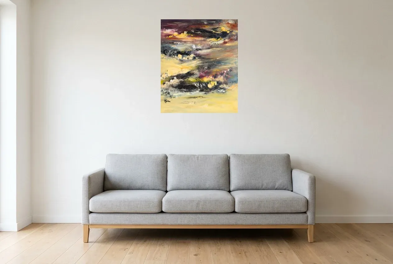 Cuadro Abstracto Amarillo 235 “Ying Yang”, pintura original al óleo de Régine Gardan, 60 × 73 cm, colgado en un salón