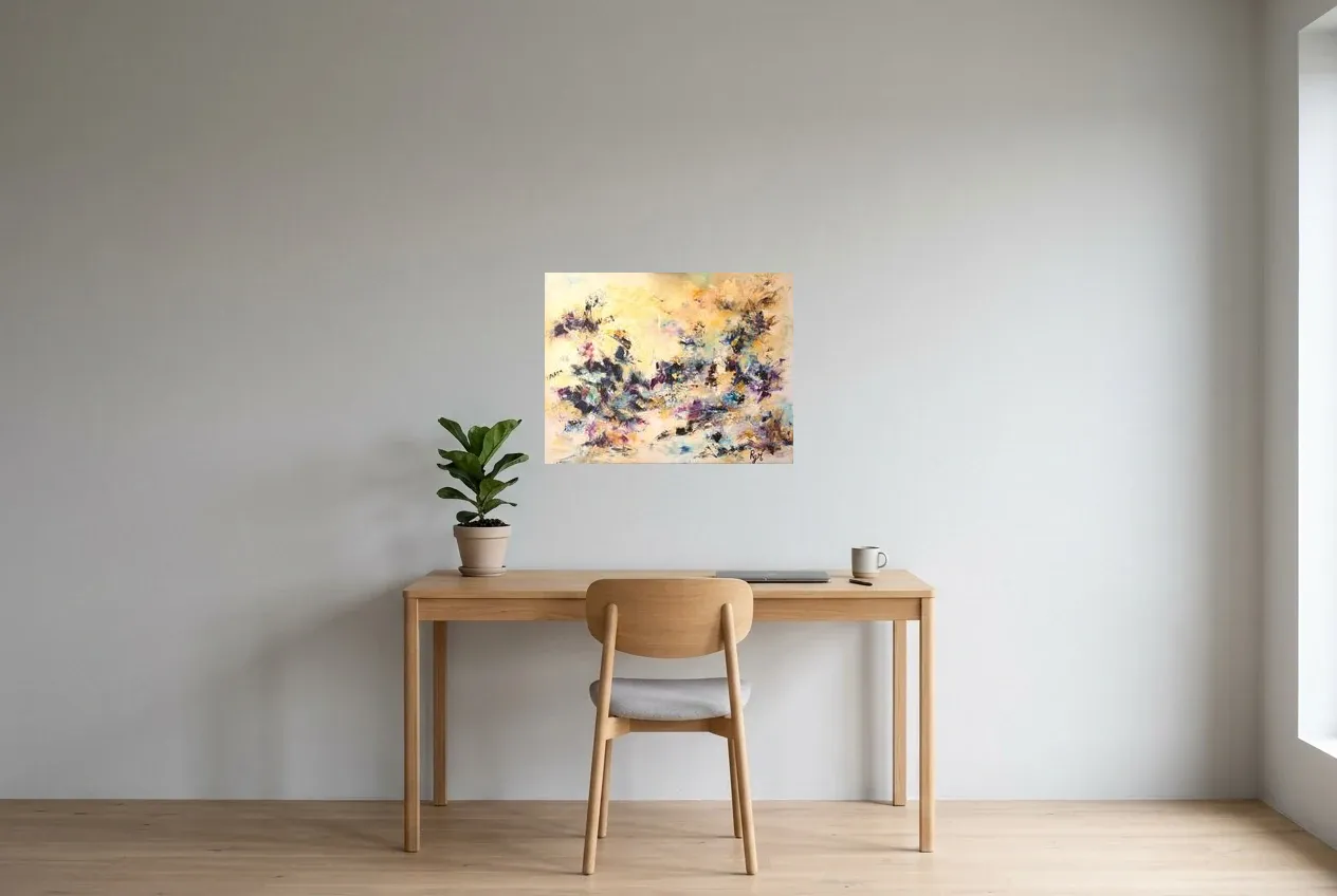 Yellow Abstract Painting 34 “Obsidienne”, original oil painting by Régine Gardan, 65 × 50 cm, hung in a home office
