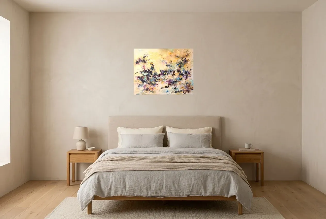Yellow Abstract Painting 34 “Obsidienne”, original oil painting by Régine Gardan, 65 × 50 cm, hung in a bedroom