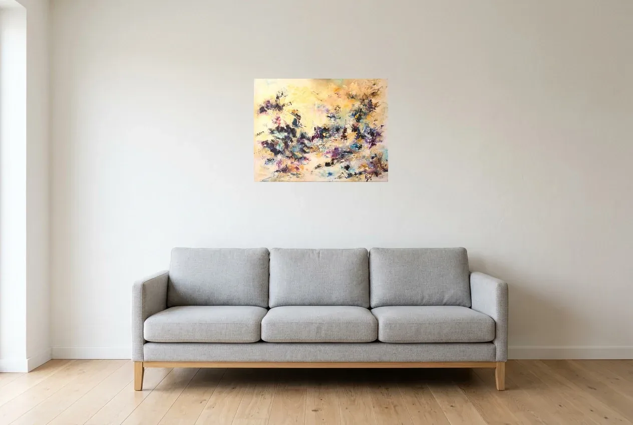 Yellow Abstract Painting 34 “Obsidienne”, original oil painting by Régine Gardan, 65 × 50 cm, hung in a living room