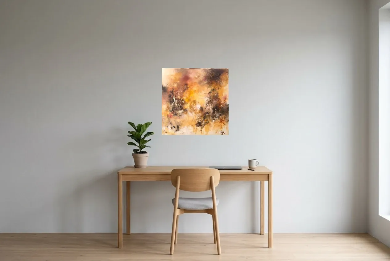 Yellow Abstract Painting 35 “Feu De Camp”, original oil painting by Régine Gardan, 60 × 60 cm, hung in a home office