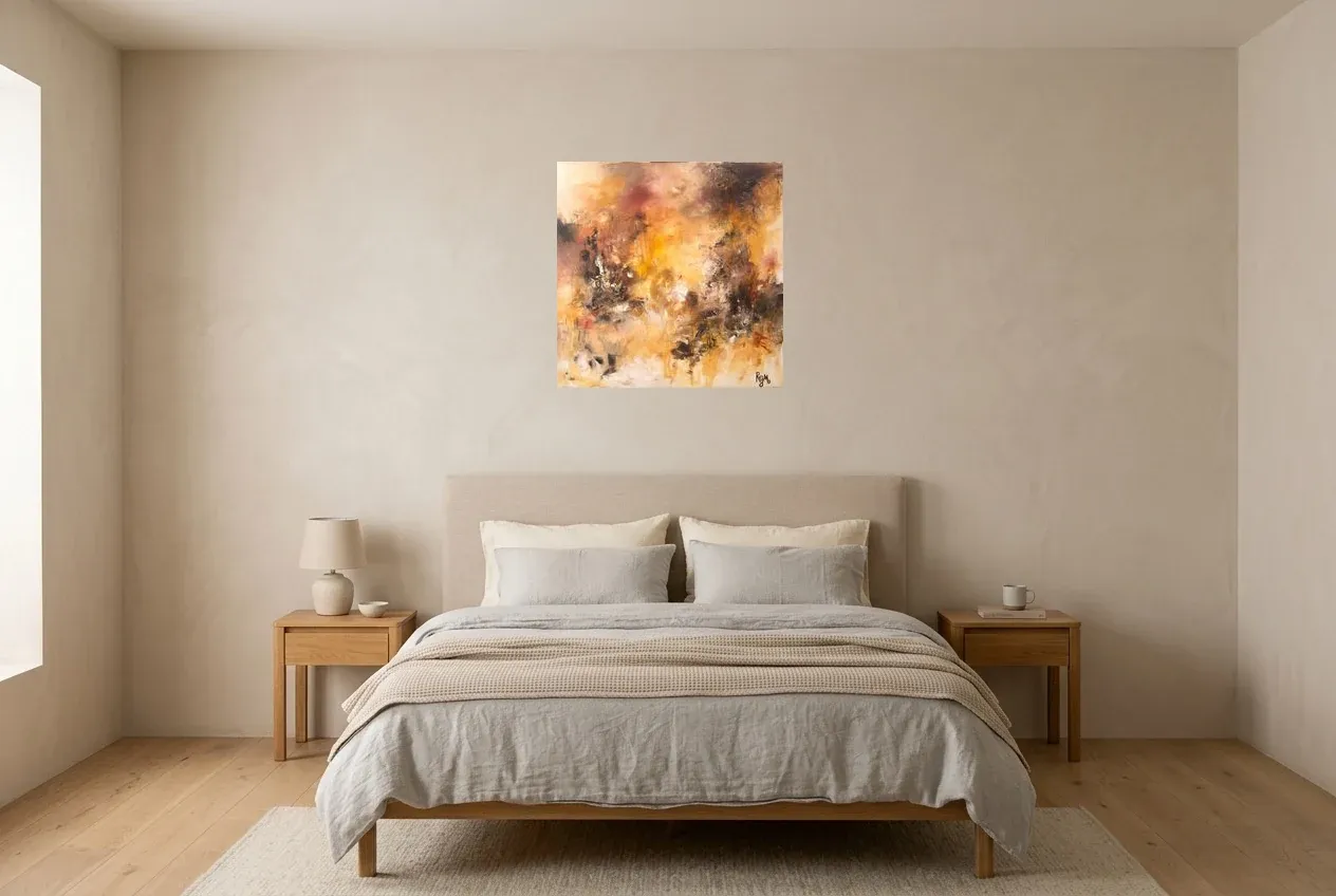 Yellow Abstract Painting 35 “Feu De Camp”, original oil painting by Régine Gardan, 60 × 60 cm, hung in a bedroom