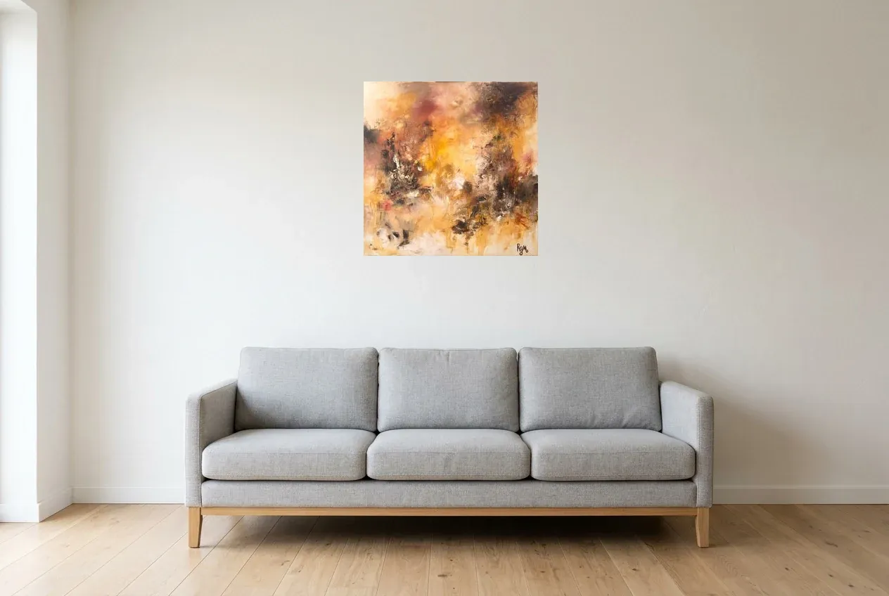 Yellow Abstract Painting 35 “Feu De Camp”, original oil painting by Régine Gardan, 60 × 60 cm, hung in a living room