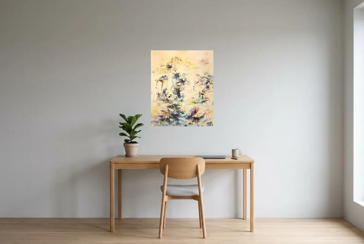 Yellow Abstract Painting 36 “Point d’Eau”, original oil painting by Régine Gardan, 60 × 73 cm, hung in a home office