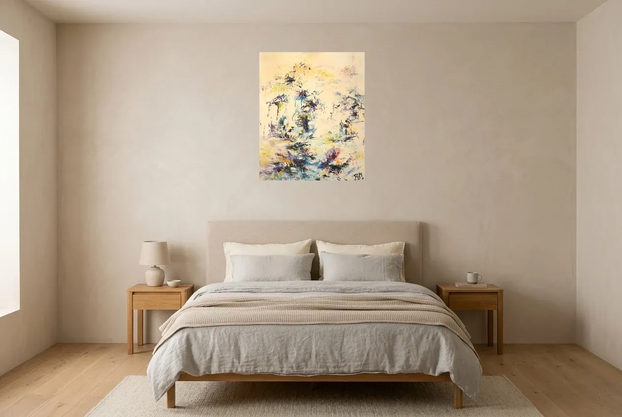Yellow Abstract Painting 36 “Point d’Eau”, original oil painting by Régine Gardan, 60 × 73 cm, hung in a bedroom