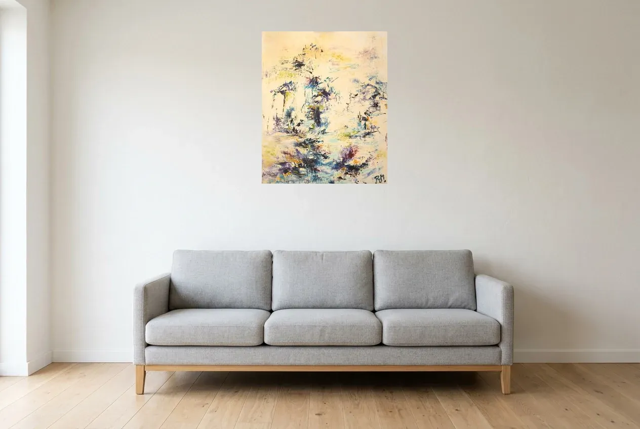 Yellow Abstract Painting 36 “Point d’Eau”, original oil painting by Régine Gardan, 60 × 73 cm, hung in a living room