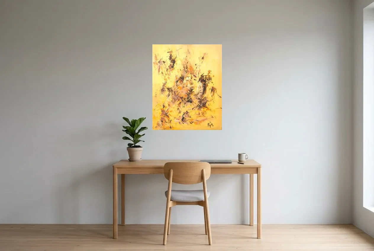 Yellow Abstract Painting 38 “Savane”, original oil painting by Régine Gardan, 65 × 80 cm, hung in a home office