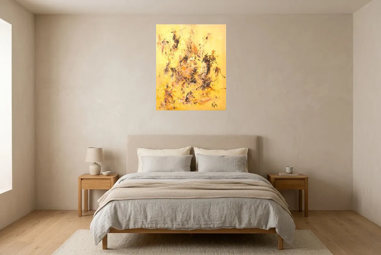 Yellow Abstract Painting 38 “Savane”, original oil painting by Régine Gardan, 65 × 80 cm, hung in a bedroom