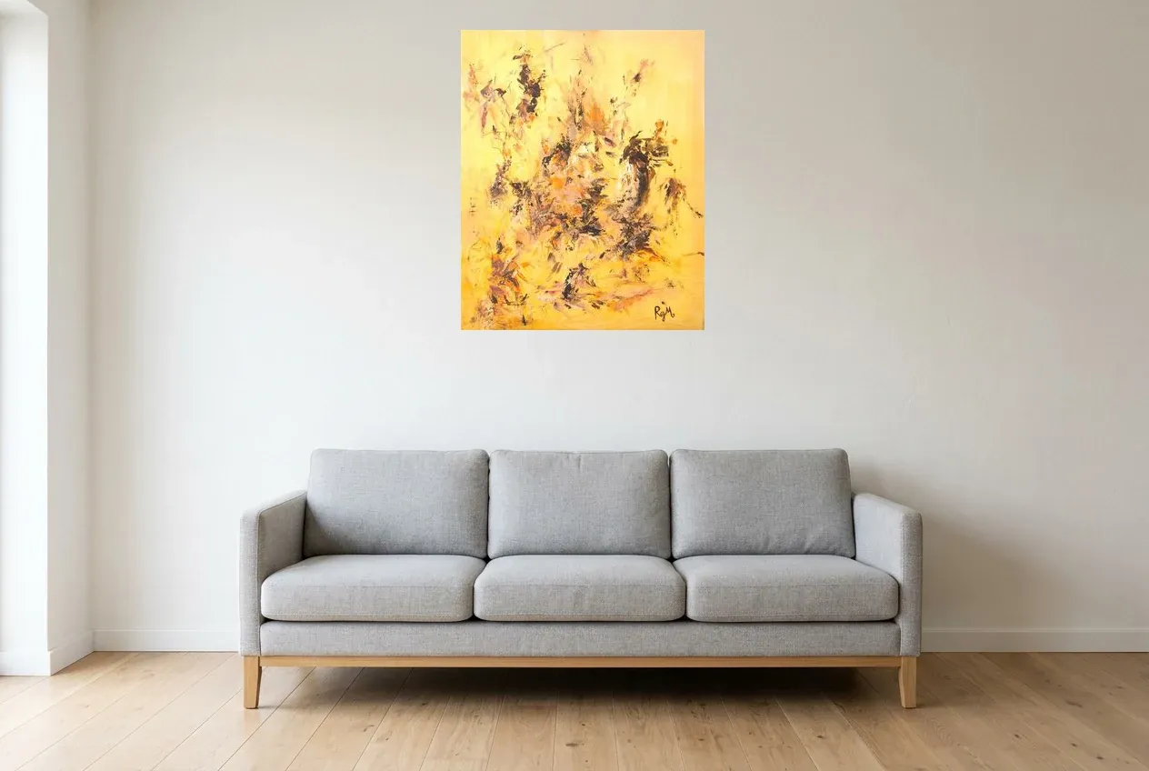 Yellow Abstract Painting 38 “Savane”, original oil painting by Régine Gardan, 65 × 80 cm, hung in a living room