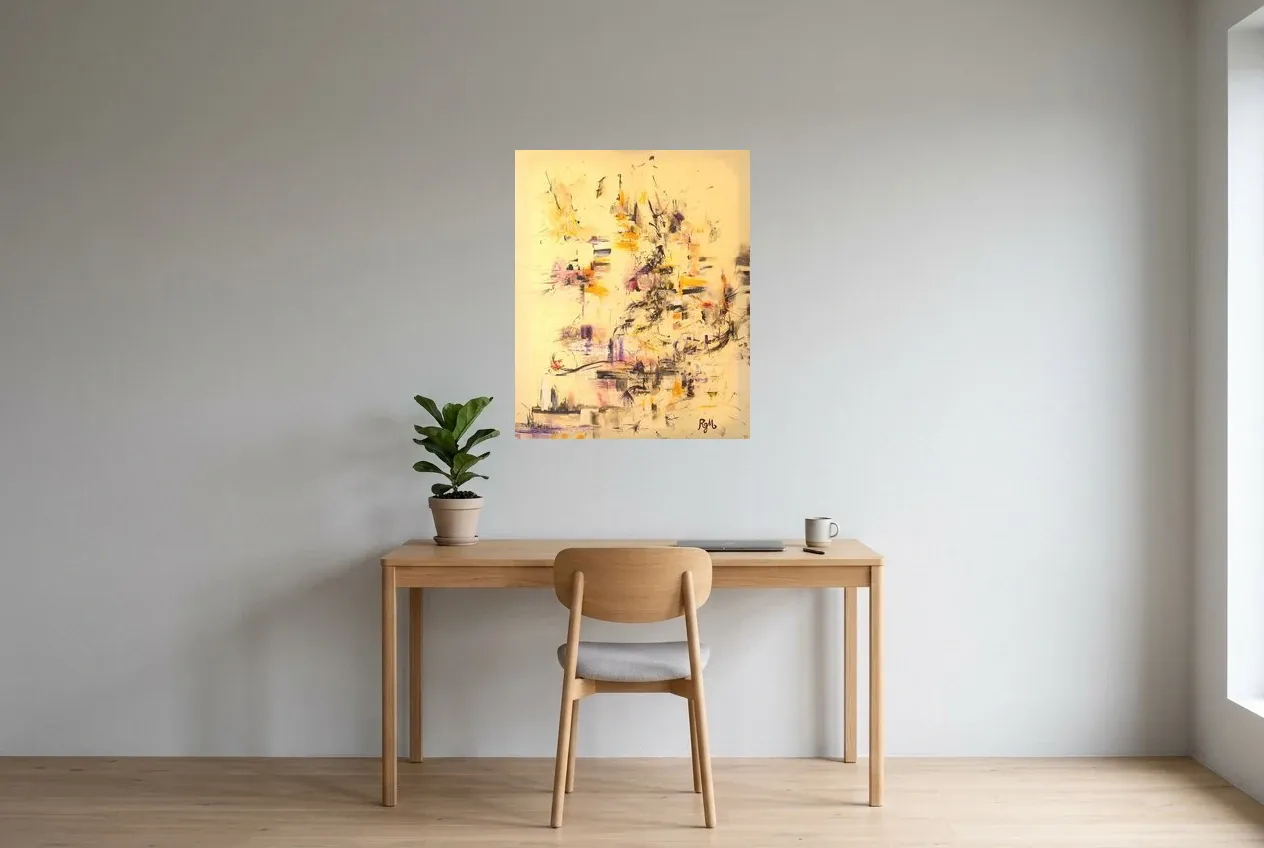 Pintura Abstracta Amarillo 40 “Cinq Terres”, pintura original al óleo de Régine Gardan, 65 × 80 cm, colgado en un despacho