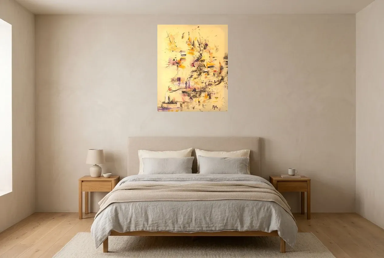 Pintura Abstracta Amarillo 40 “Cinq Terres”, pintura original al óleo de Régine Gardan, 65 × 80 cm, colgado en un dormitorio