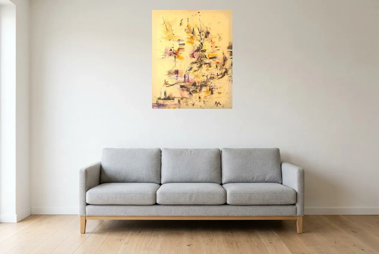 Pintura Abstracta Amarillo 40 “Cinq Terres”, pintura original al óleo de Régine Gardan, 65 × 80 cm, colgado en un salón