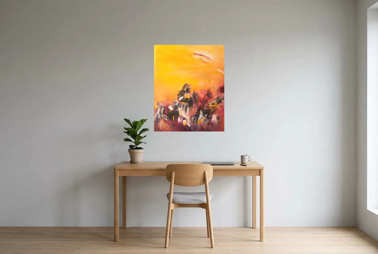Yellow Abstract Painting 43 “Sun”, original oil painting by Régine Gardan, 65 × 80 cm, hung in a home office