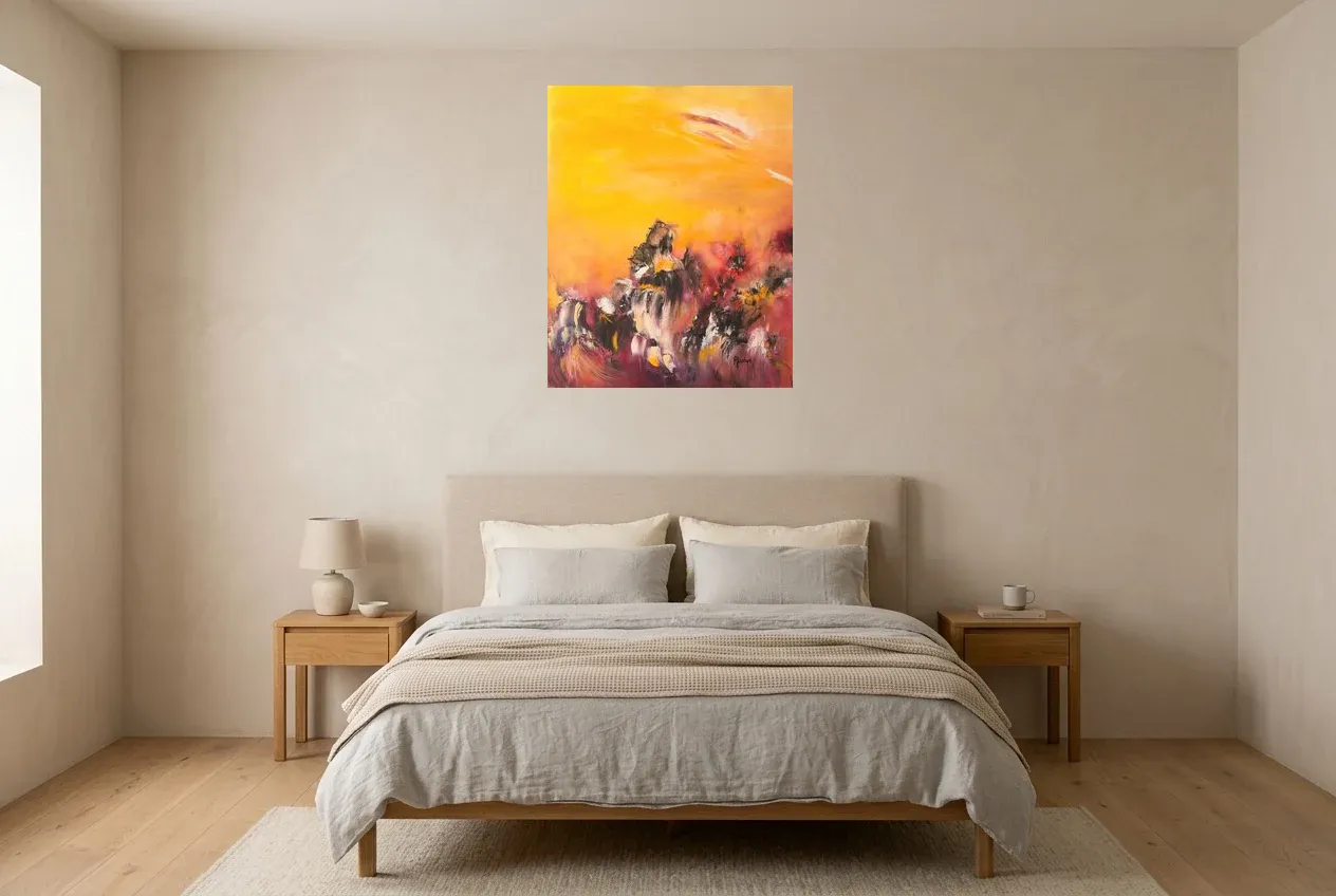 Yellow Abstract Painting 43 “Sun”, original oil painting by Régine Gardan, 65 × 80 cm, hung in a bedroom