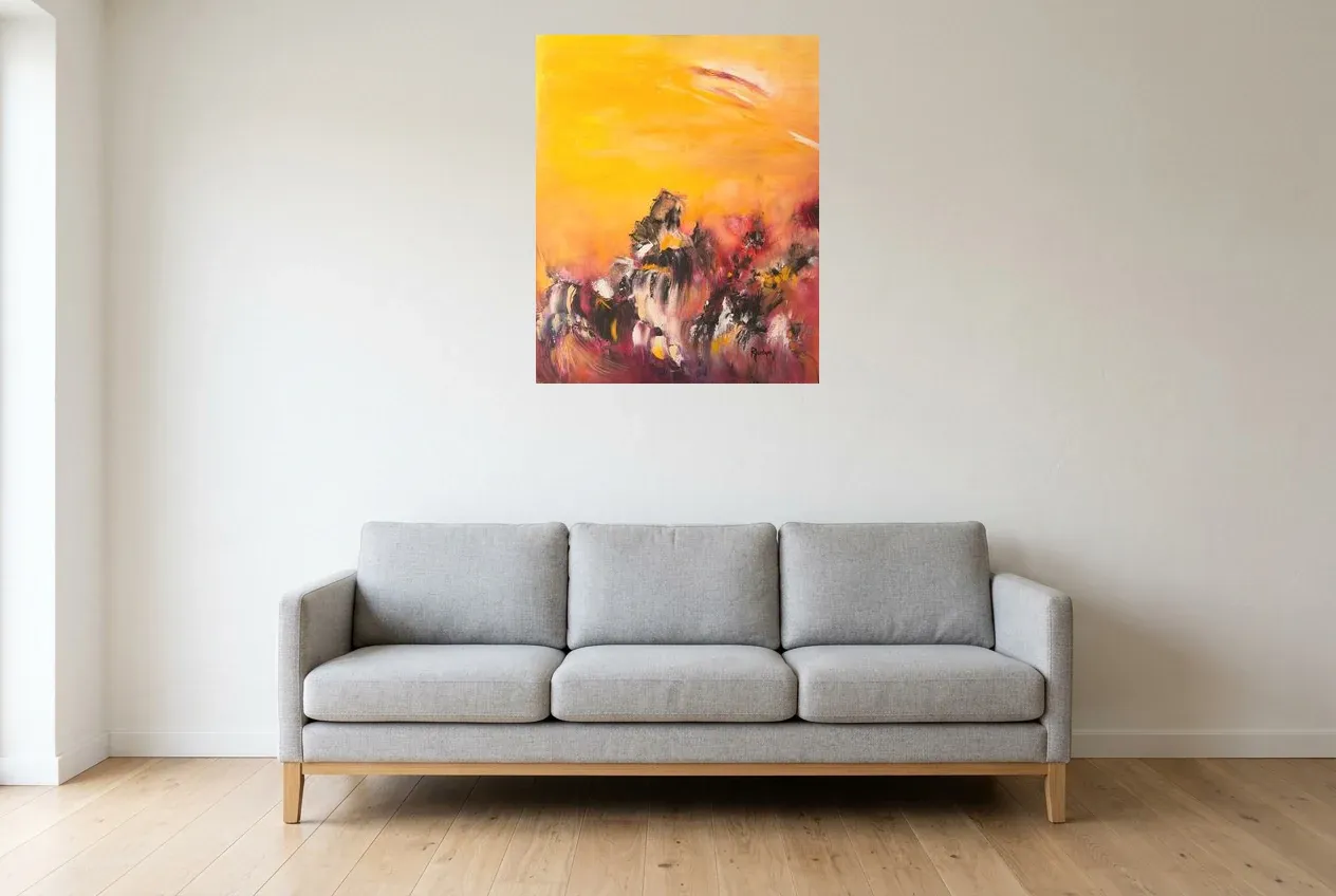 Yellow Abstract Painting 43 “Sun”, original oil painting by Régine Gardan, 65 × 80 cm, hung in a living room