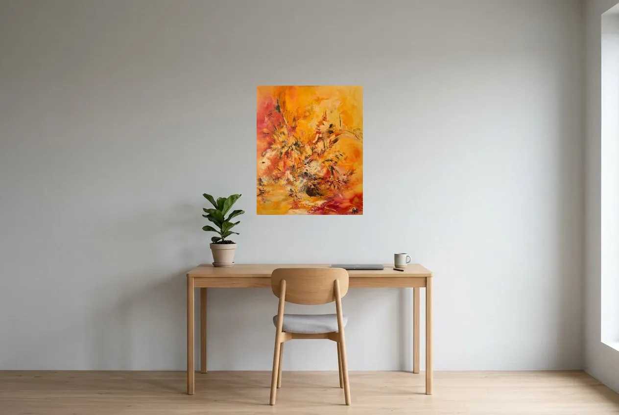 Yellow Abstract Painting 48 “Dragon”, original oil painting by Régine Gardan, 60 × 73 cm, hung in a home office