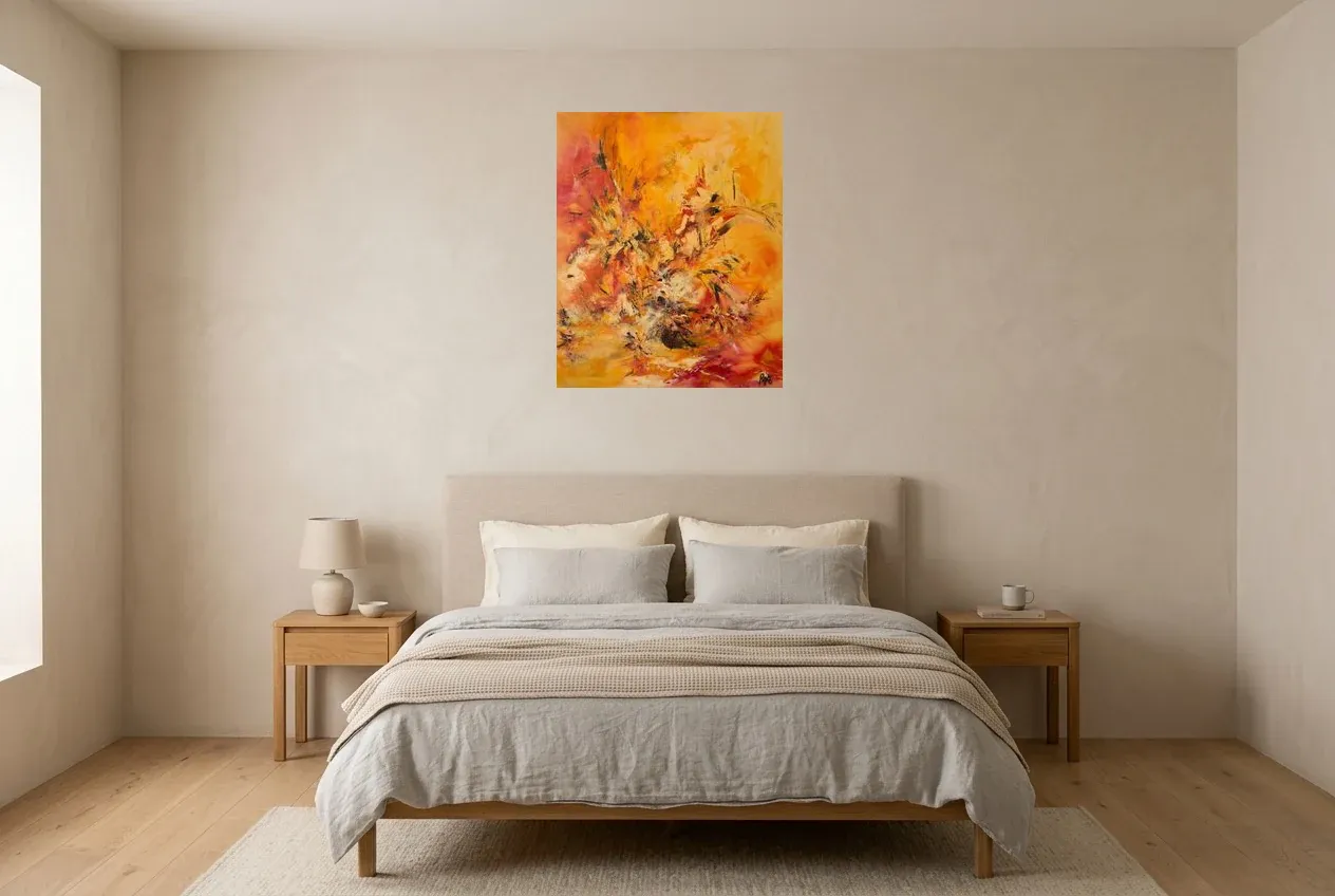 Yellow Abstract Painting 48 “Dragon”, original oil painting by Régine Gardan, 60 × 73 cm, hung in a bedroom