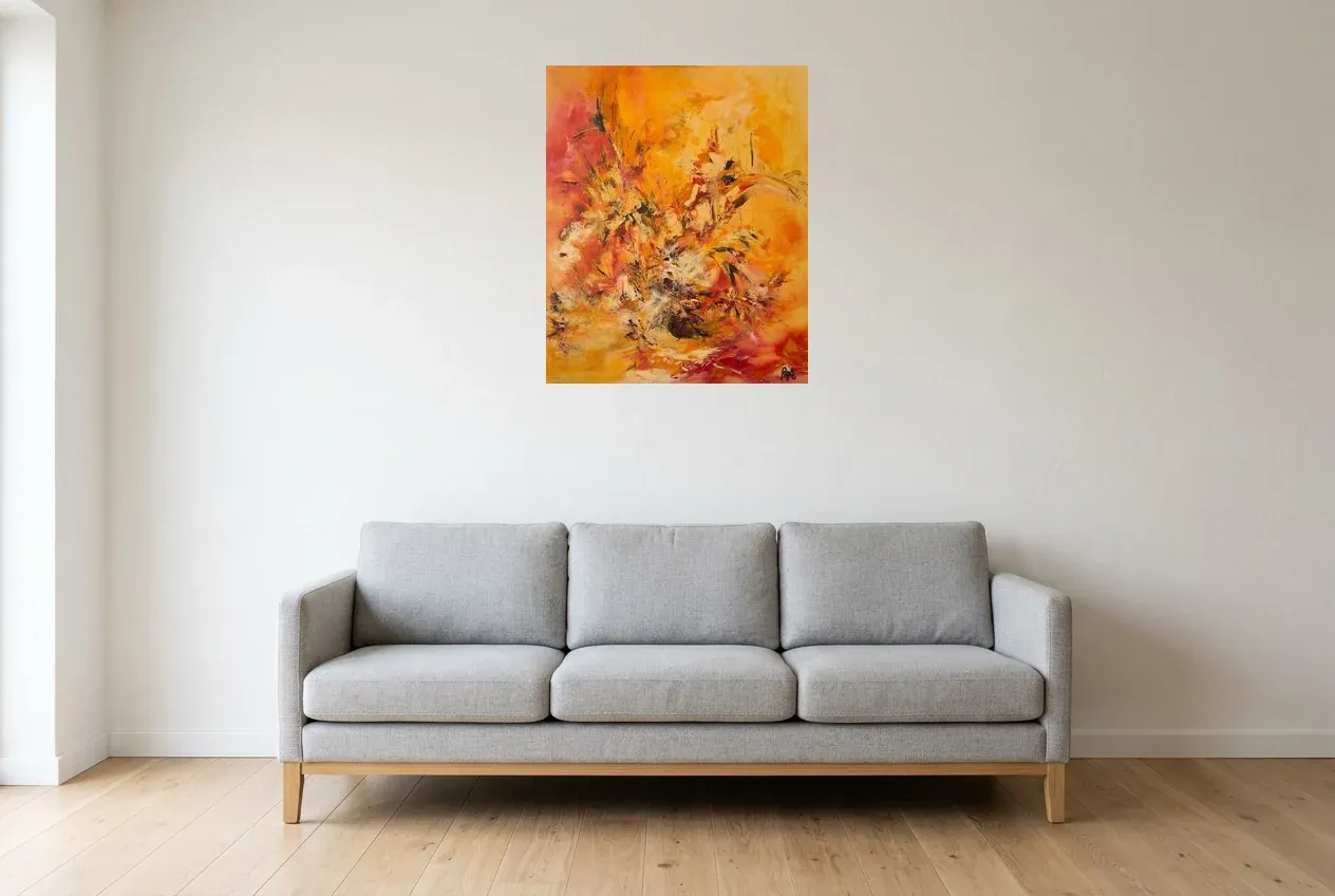 Yellow Abstract Painting 48 “Dragon”, original oil painting by Régine Gardan, 60 × 73 cm, hung in a living room