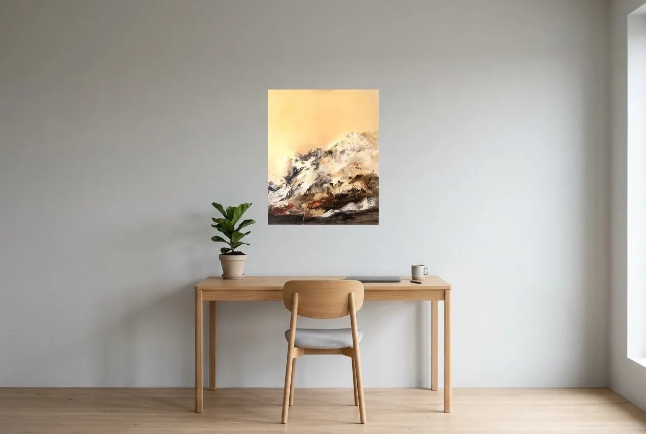 Arte Abstracto Amarillo 50 “Forêt Noire”, pintura original al óleo de Régine Gardan, 60 × 73 cm, colgado en un despacho