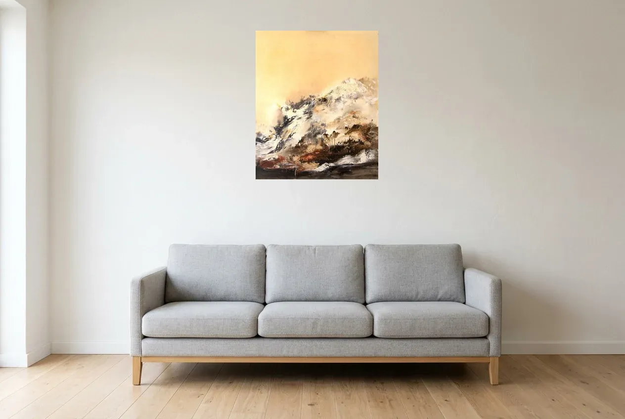 Arte Abstracto Amarillo 50 “Forêt Noire”, pintura original al óleo de Régine Gardan, 60 × 73 cm, colgado en un salón