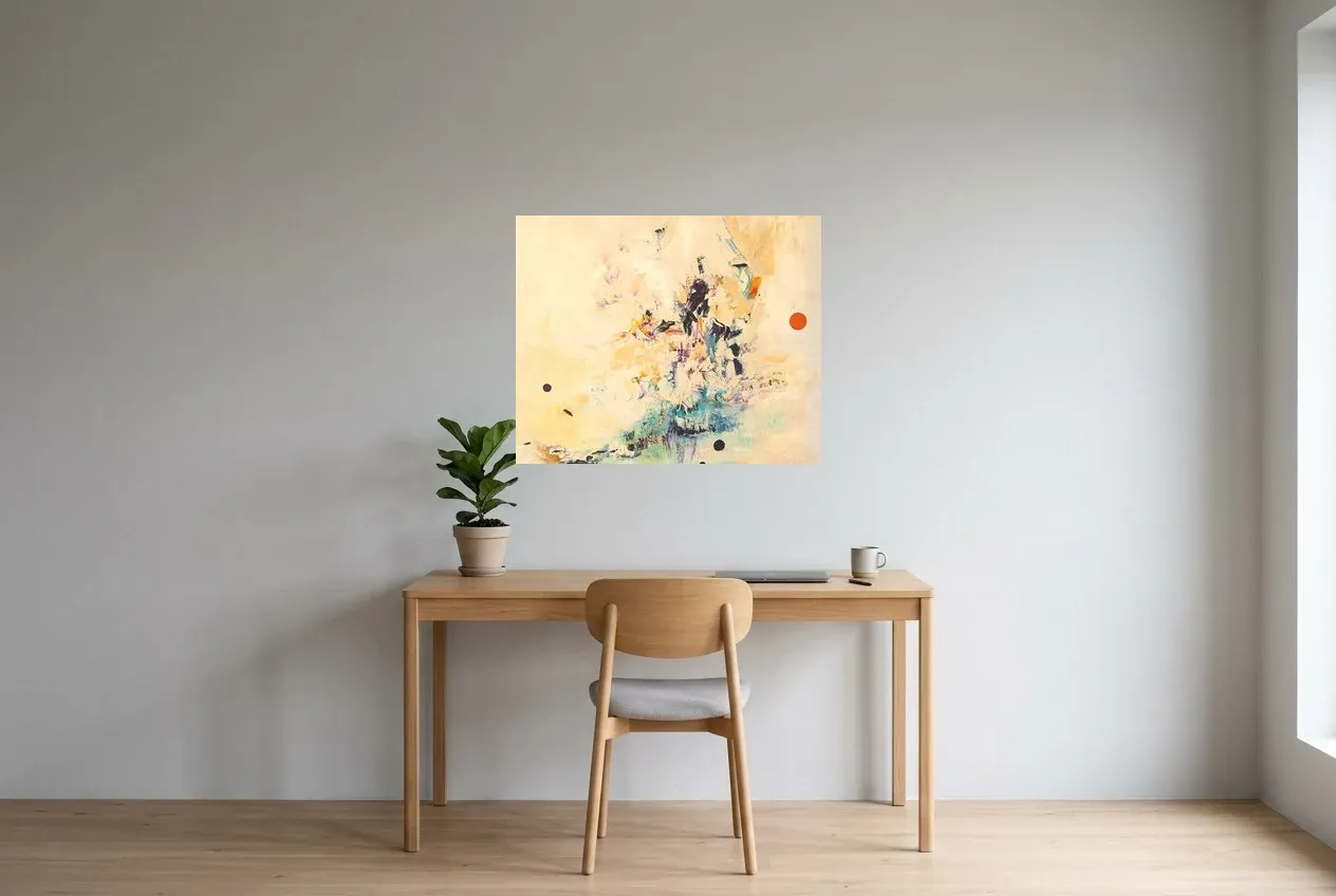 Pintura Abstracta Amarillo 56 “Colombe”, pintura original al óleo de Régine Gardan, 80 × 65 cm, colgado en un despacho