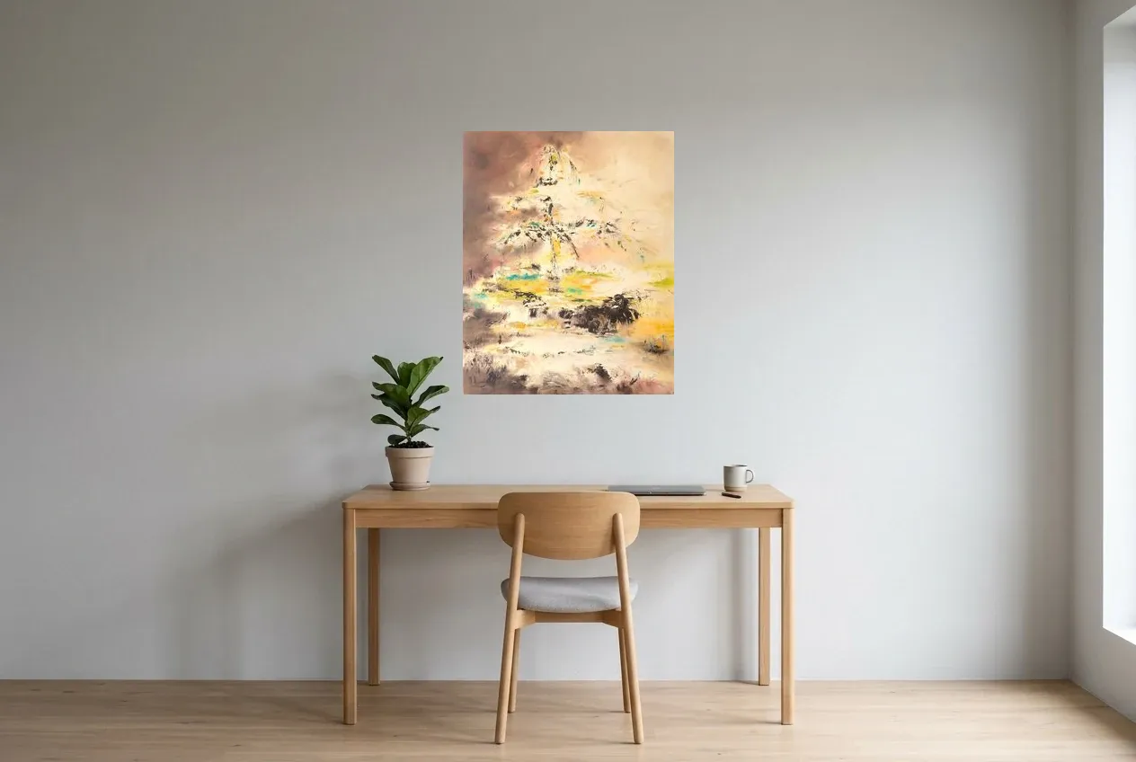 Cuadro Abstracto Amarillo 65 "Fuente de la Juventud", pintura original al óleo de Régine Gardan, 65 × 81 cm, colgado en un despacho