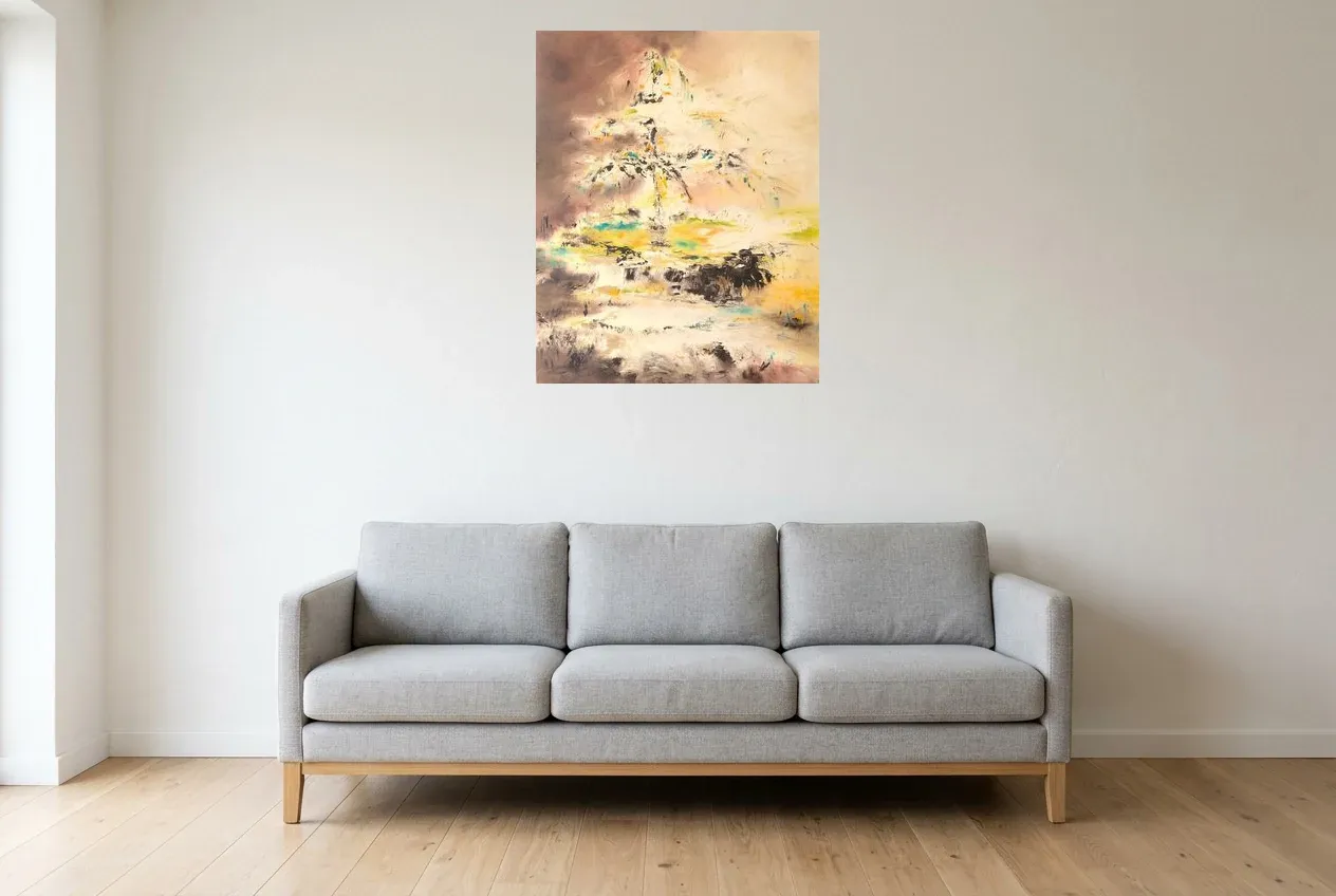 Cuadro Abstracto Amarillo 65 "Fuente de la Juventud", pintura original al óleo de Régine Gardan, 65 × 81 cm, colgado en un salón