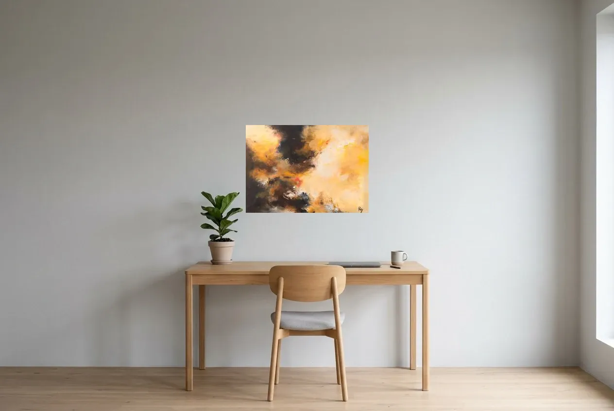 Yellow Abstract Painting 66 “l’Espoir”, original oil painting by Régine Gardan, 70 × 50 cm, hung in a home office