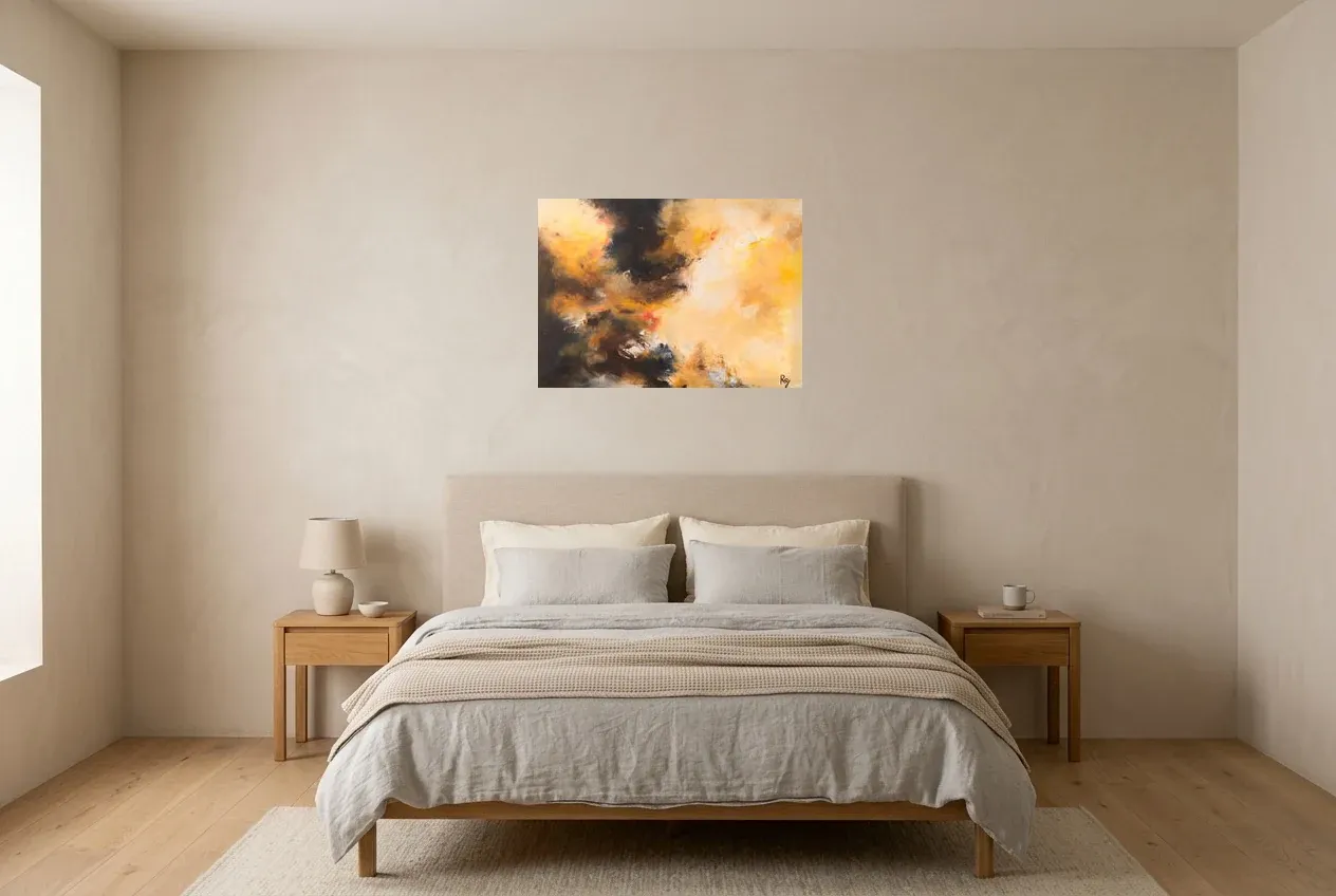 Yellow Abstract Painting 66 “l’Espoir”, original oil painting by Régine Gardan, 70 × 50 cm, hung in a bedroom