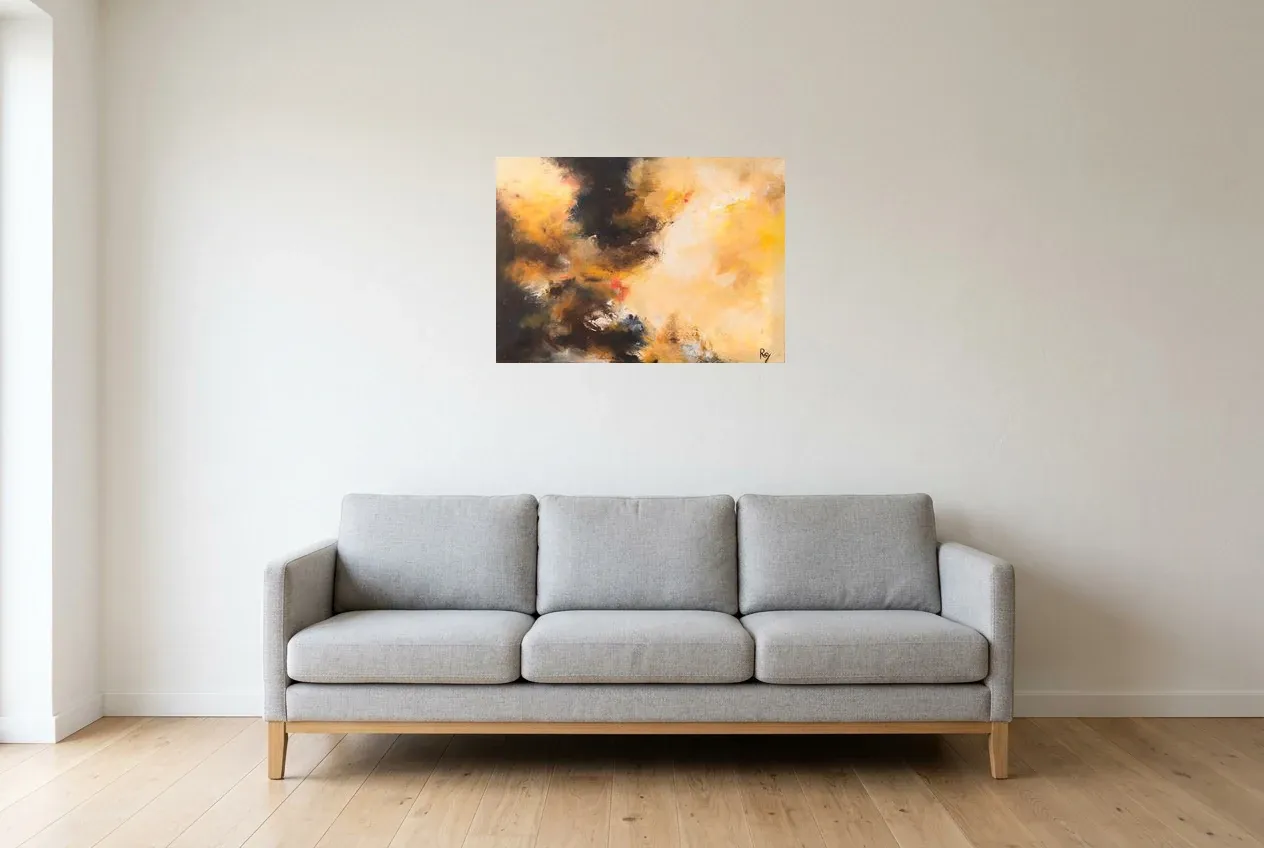 Yellow Abstract Painting 66 “l’Espoir”, original oil painting by Régine Gardan, 70 × 50 cm, hung in a living room