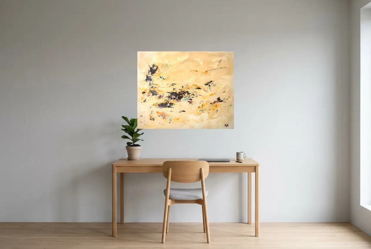 Pintura Abstracta Amarillo 8 “Mirage”, pintura original al óleo de Régine Gardan, 91 × 73 cm, colgado en un despacho